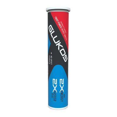 Bottle of fruit punch flavored energy tablets by Glukos.