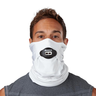 White Play Safe Neck-Face Gaiter – Male Model Wearing Protective Safety Face and Neck Covering with Black Max AirFlow Football Mouthguard - Front Angle