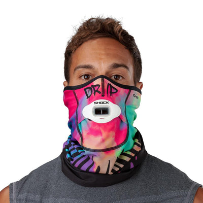 Tie Dye Drip Play Safe Neck-Face Gaiter – Male Model Wearing Protective Safety Face and Neck Covering with White Max AirFlow Football Mouthguard - Front Angle