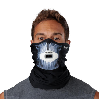 Skull Play Safe Neck-Face Gaiter – Male Model Wearing Protective Safety Face and Neck Covering with White Max AirFlow Football Mouthguard - Front Angle