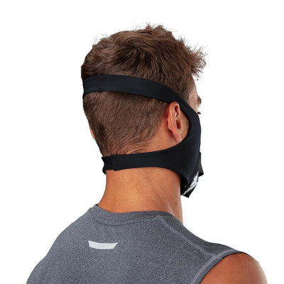 Black White Fang Play Safe Face Mask – Male Model Wearing Protective Safety Face Mask - Back of Head Angle with Showing Straps