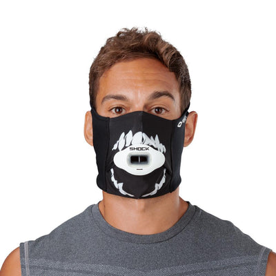 Black White Fang Play Safe Face Mask – Male Model Wearing Protective Safety Face Mask with Max AirFlow Football Mouthguard - Front Angle