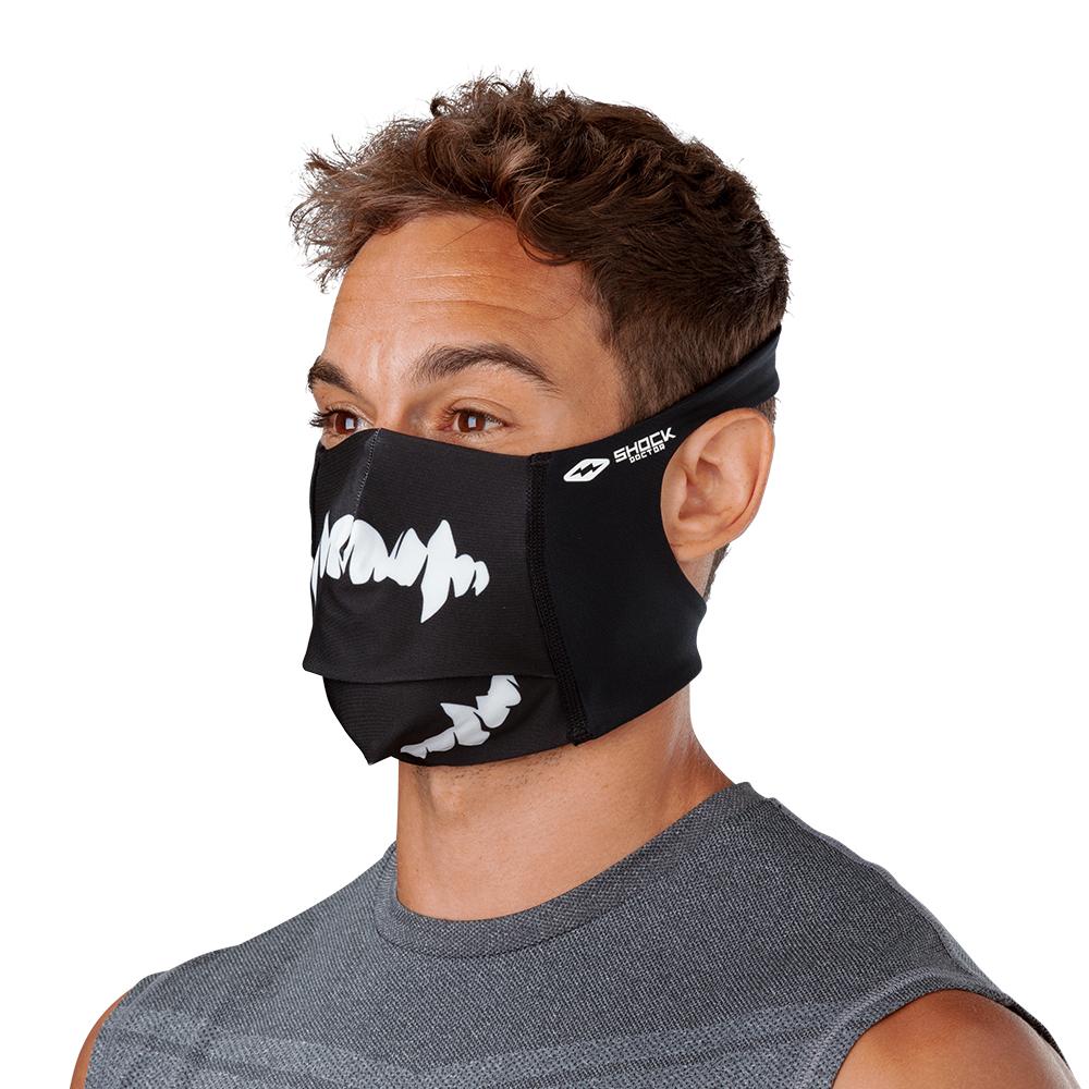 Black White Fang Play Safe Face Mask – Male Model Wearing Protective Safety Face Mask - Left Angle
