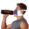 USA Stars & Stripes Play Safe Face Mask – Male Model Wearing Protective Safety Face Mask while Drinking a Hydration Water Bottle - Left Angle