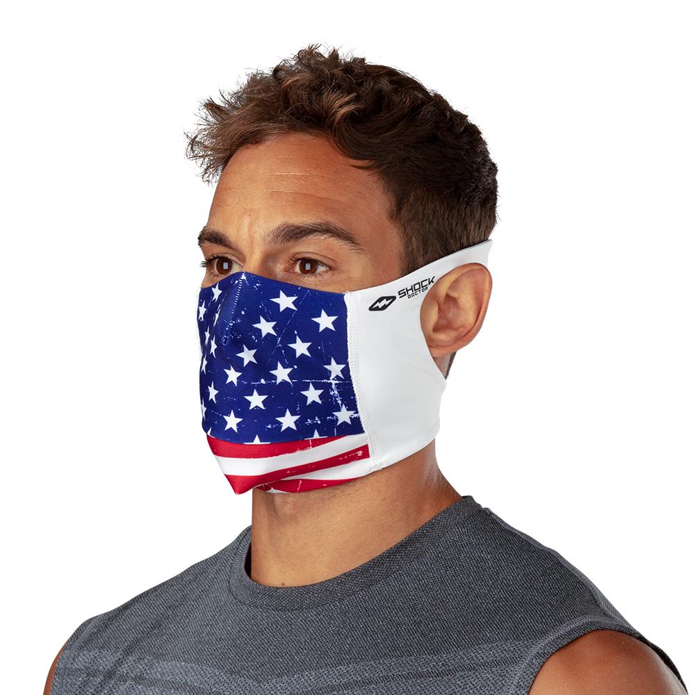 USA Stars & Stripes Play Safe Face Mask – Male Model Wearing Protective Safety Face Mask - Left Angle