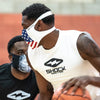 USA Stars & Stripes Play Safe Face Mask – Male Basketball Player Wearing Protective Safety Face Mask During Game - Left Angle
