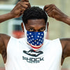 USA Stars & Stripes Play Safe Face Mask – Male Athlete Placing Protective Safety Face Mask Over Mouth and Nose – Front Angle