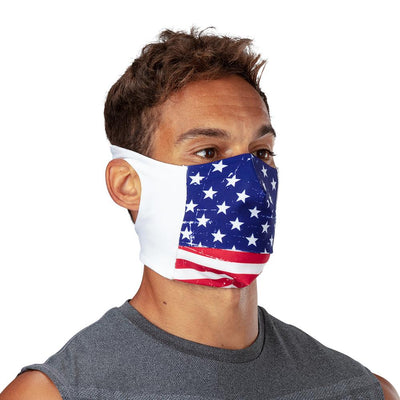 USA Stars & Stripes Play Safe Face Mask – Male Model Wearing Protective Safety Face Mask - Right Angle