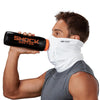 White Play Safe Neck-Face Gaiter – Male Model Wearing Protective Safety Face and Neck Covering while Drinking a Hydration Water Bottle - Left Angle