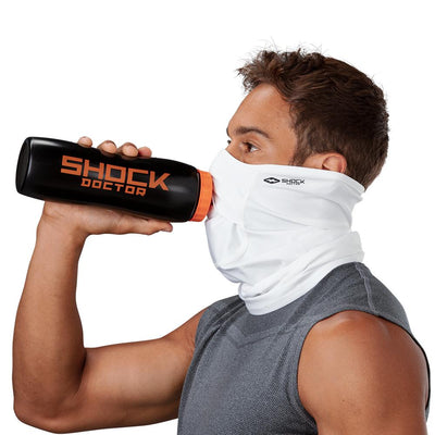 White Play Safe Neck-Face Gaiter – Male Model Wearing Protective Safety Face and Neck Covering while Drinking a Hydration Water Bottle - Left Angle