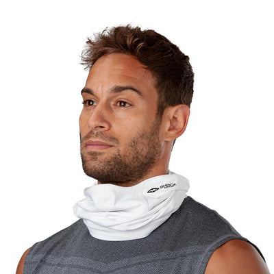 White Play Safe Neck-Face Gaiter– Male Model Not Wearing Protective Safety Face and Neck Covering - Left Angle