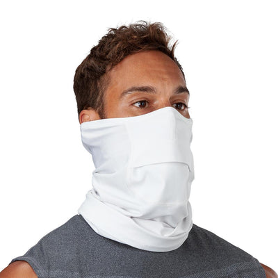 White Play Safe Neck-Face Gaiter – Male Model Wearing Protective Safety Face and Neck Covering - Right Angle