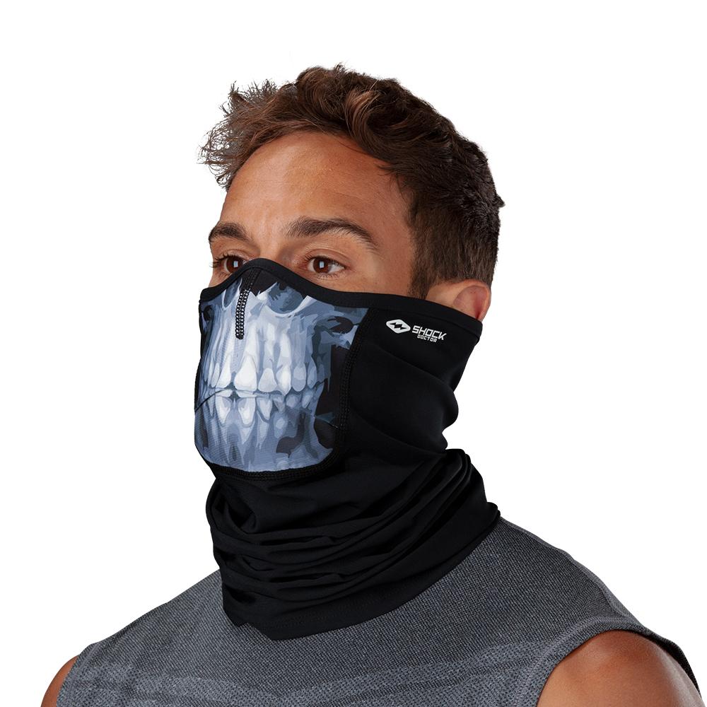 Skull Play Safe Neck-Face Gaiter– Male Model Wearing Protective Safety Face and Neck Covering - Left Angle