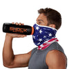 USA Stars & Stripes Play Safe Neck-Face Gaiter – Male Model Wearing Protective Safety Face and Neck Covering while Drinking a Hydration Water Bottle - Left Angle