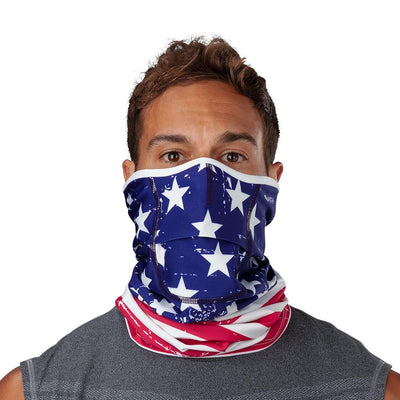 USA Stars & Stripes Play Safe Neck-Face Gaiter – Male Model Wearing Protective Safety Face and Neck Covering - Front Angle
