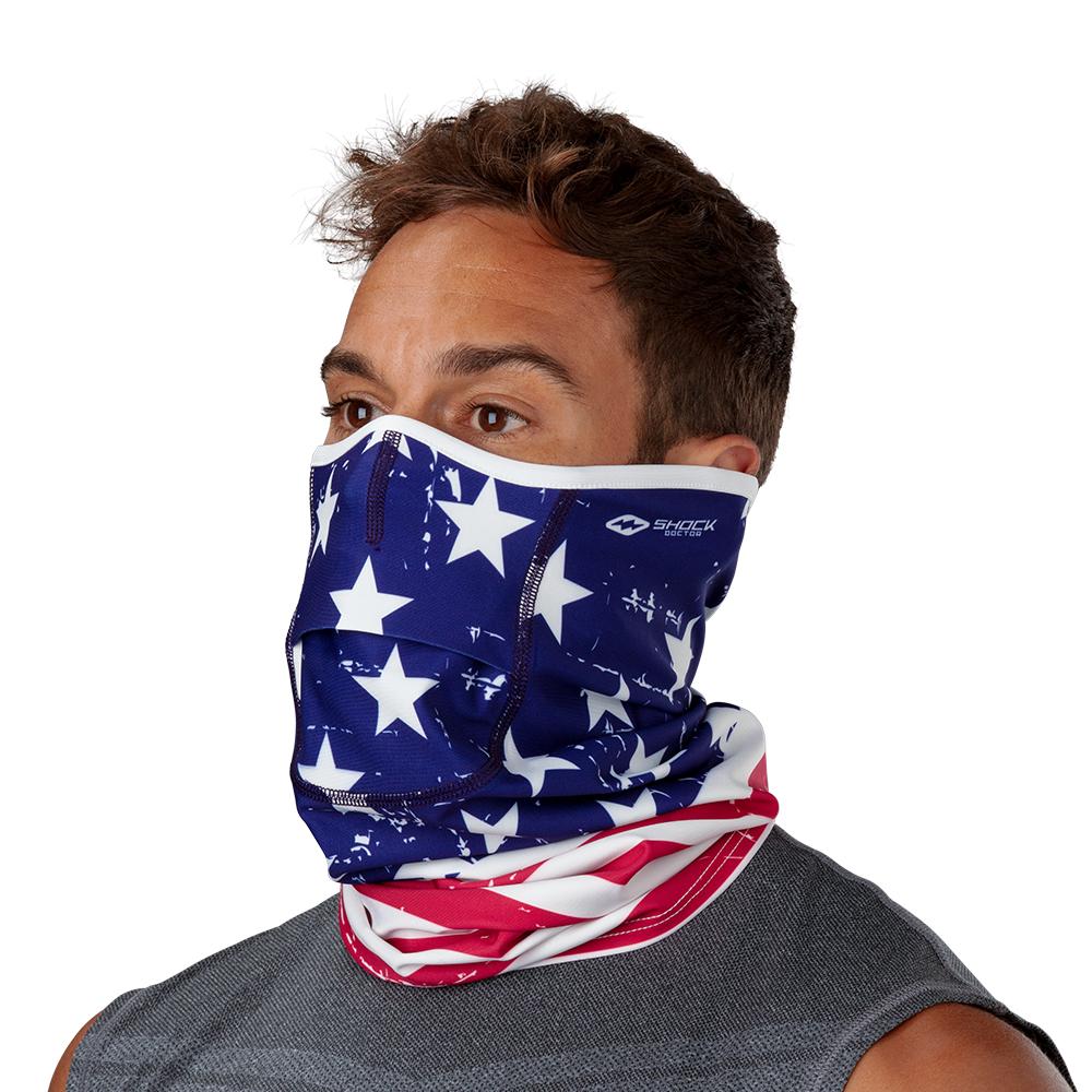 USA Stars & Stripes Play Safe Neck-Face Gaiter– Male Model Wearing Protective Safety Face and Neck Covering - Left Angle