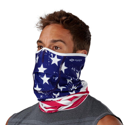 USA Stars & Stripes Play Safe Neck-Face Gaiter– Male Model Wearing Protective Safety Face and Neck Covering - Left Angle