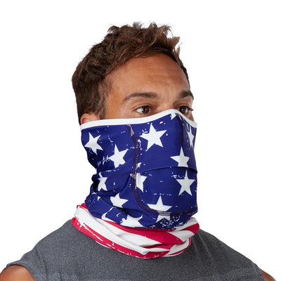USA Stars & Stripes Play Safe Neck-Face Gaiter – Male Model Wearing Protective Safety Face and Neck Covering - Right Angle